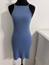 Reformation Jeans Size M Blue Ribbed Knit Midi Dress High Neckline Sleeveless