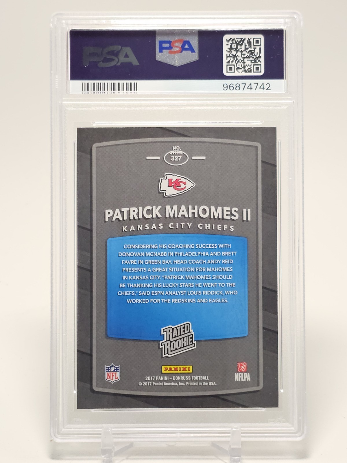 PATRICK MAHOMES II 2017 DONRUSS RATED ROOKIE #327 CHIEFS PSA 10 GEM MT Q1228 view 2