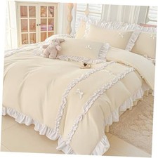 Ruffle Duvet Cover Size, Cute Bedding Set Set with Bow, 3 Pieces Queen Cream