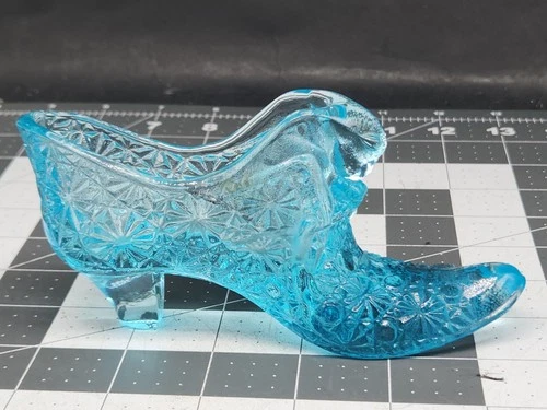 Vintage Fenton Blue Daisy & Button Glass Shoe Slipper Trinket Holder