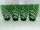 Vintage Anchor Hocking LILY OF THE VALLEY  Forest Green Glass Tumbler Lot Of 4