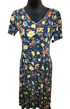 Vintage 90s Navy Floral Fit Flare Midi Dress M Cottage Grunge Spring Easter Boho
