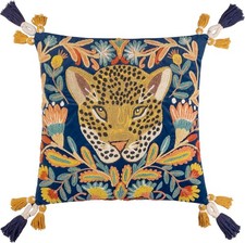 Image of Regal Leopard Embroidered Velvet Cushion Cover, Royal Blue