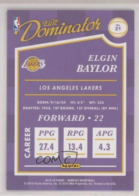 2015-16 Panini Donruss Elite Dominator Hall Gold /10 Elgin Baylor #21 HOF - Image 2 of 2