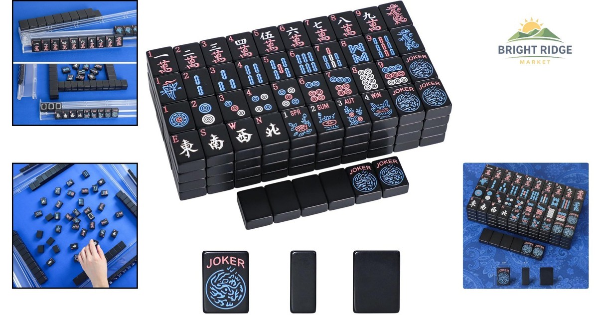 Portable 1.2 Inch Black Mahjong Tile Set for 4 Players, No
