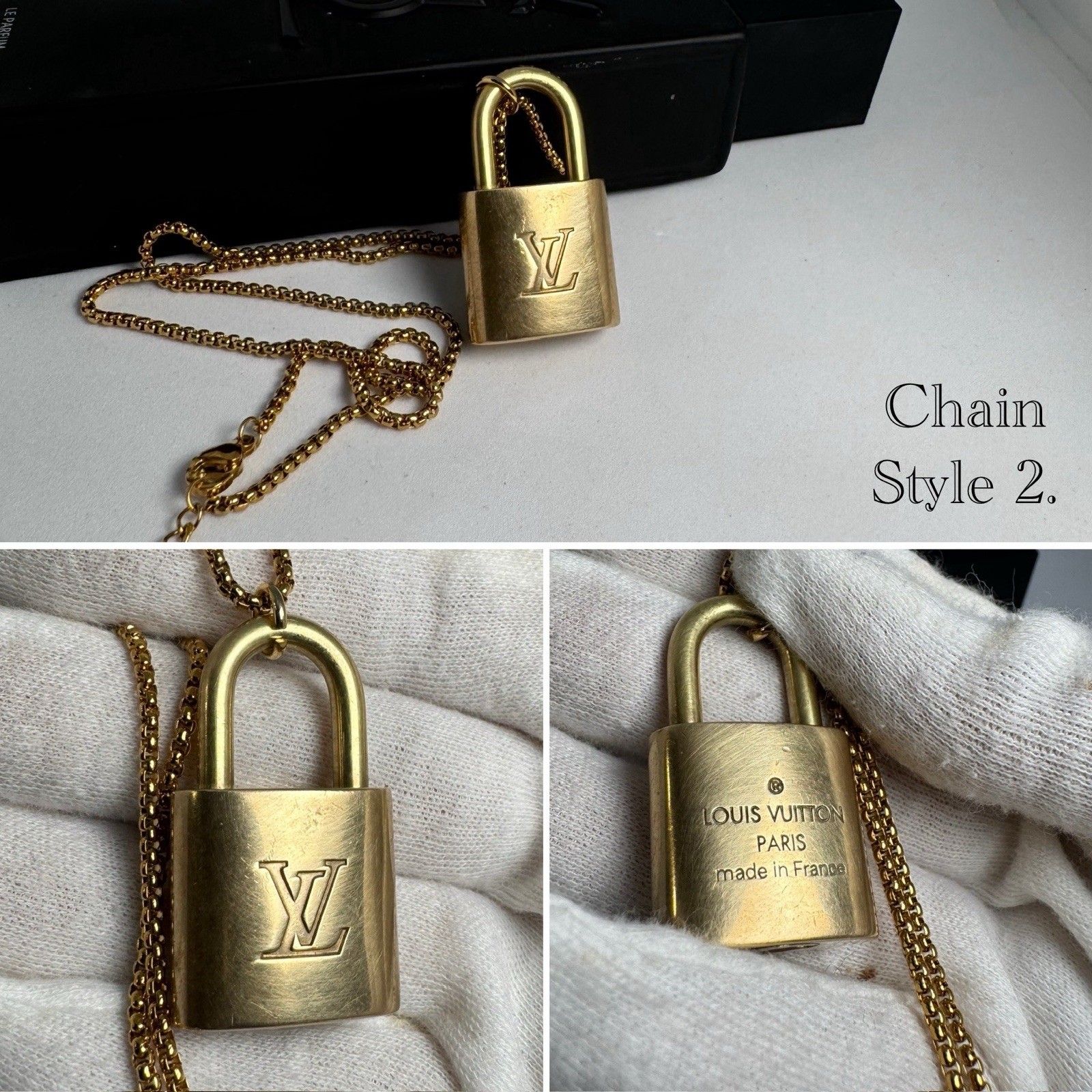 Authentic Louis Vuitton LV Padlock & No Brand Gold Tone Rope Chain Necklace