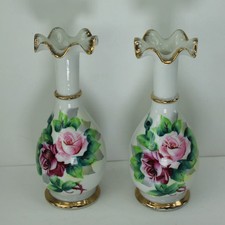 Pair Nasco Vases Made Japan Roses Gilt Mid Century Hand Paint Orig Labels