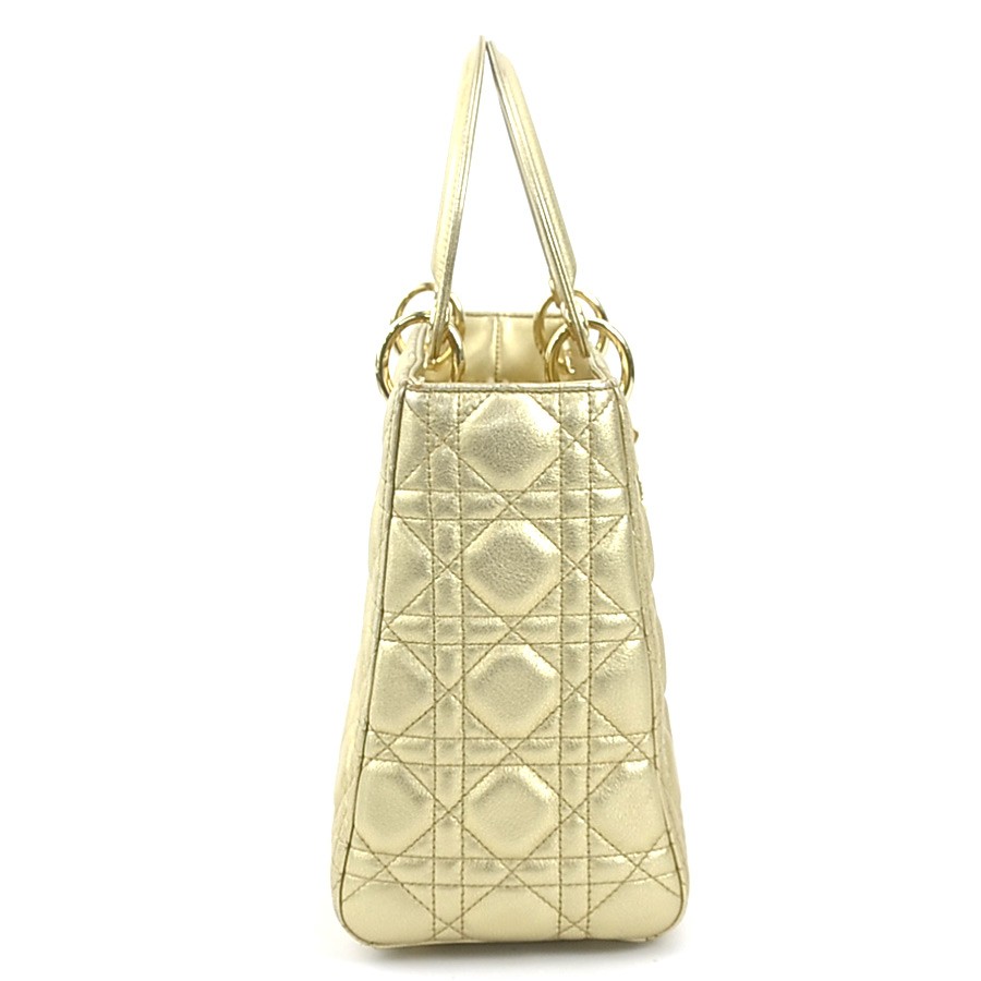 Auth Christian Dior Lady Dior Handbag Shoulder Bag Gold Lambskin