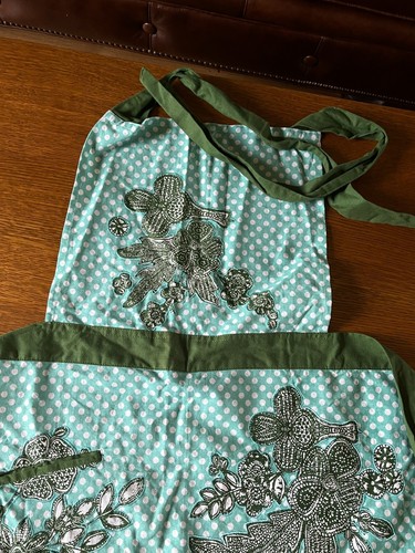 Blue & White Polka Dot w Green Florals 100% Cotton Made in India Full Apron w - Picture 3 of 12