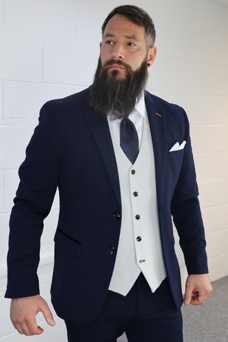 TRAJE de tres piezas de piedra azul marino en contraste para hombre boda carreras graduación novio ajuste elástico - Imagen 2 de 7