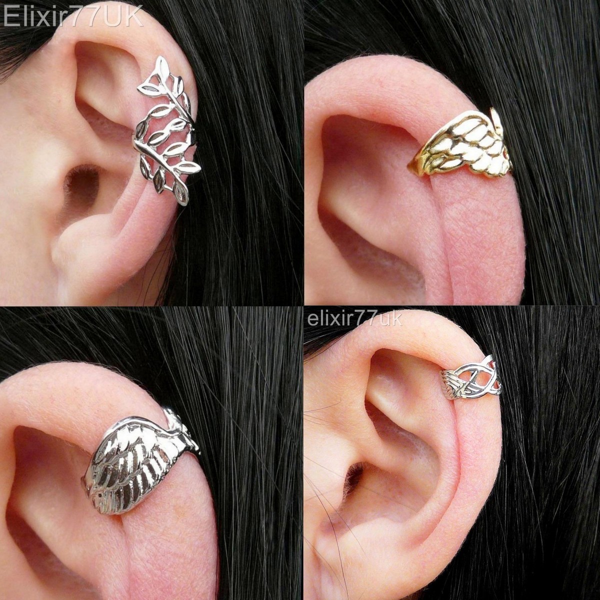 UK NEW SILVER / GOLD LEAF WING EAR CUFF CLIP WRAP EARRING PUNK 