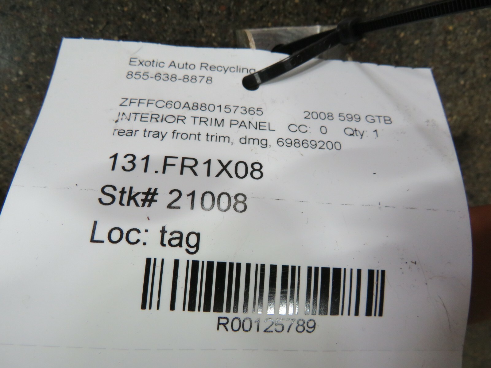 Ferrari 599 GTB, Rear Luggage Tray Edge Trim, Used, P/N 69869200