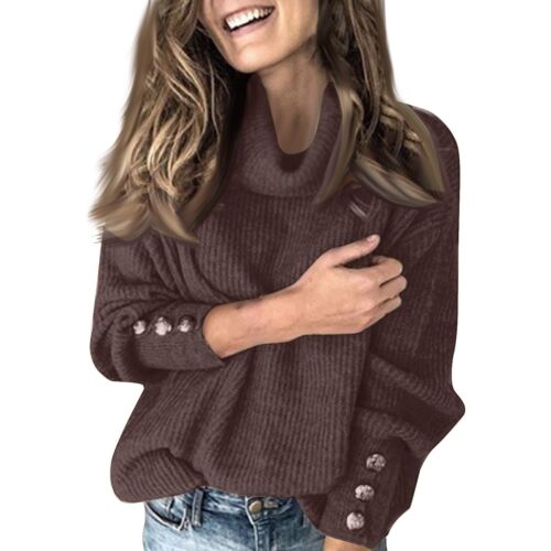 Women's Turtleneck Top Loose Pullover Button Up Long Sleeve Solid Color Knit