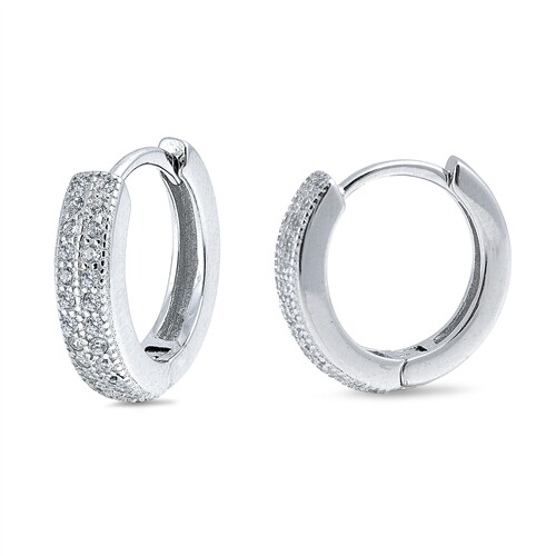 Sterling Silver 925 Huggie Hoop Earrings with Clear CZ Stones 14mm-image