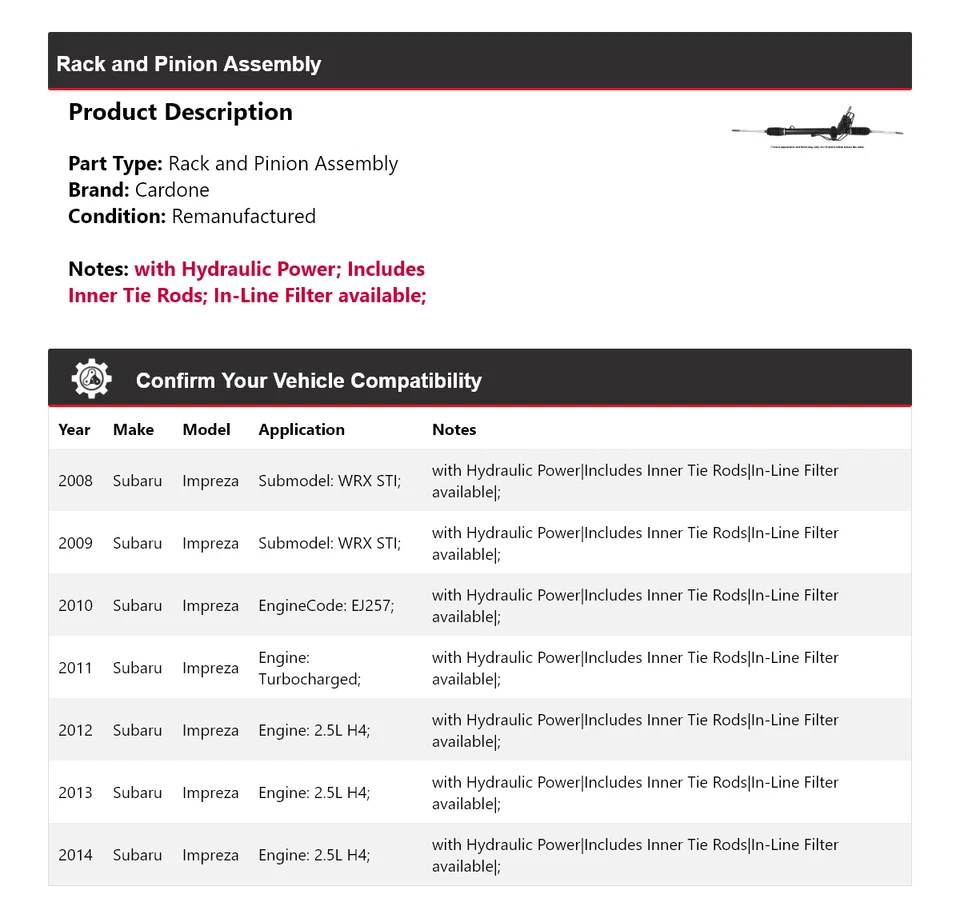 Conjunto de piñón y cremallera Cardone 2009 2010 2011 para Subaru Impreza 2008-2014 Foto 2 de 4