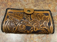 Vintage Hand Tooled Leather Wallet - Stamped Made in Mexico