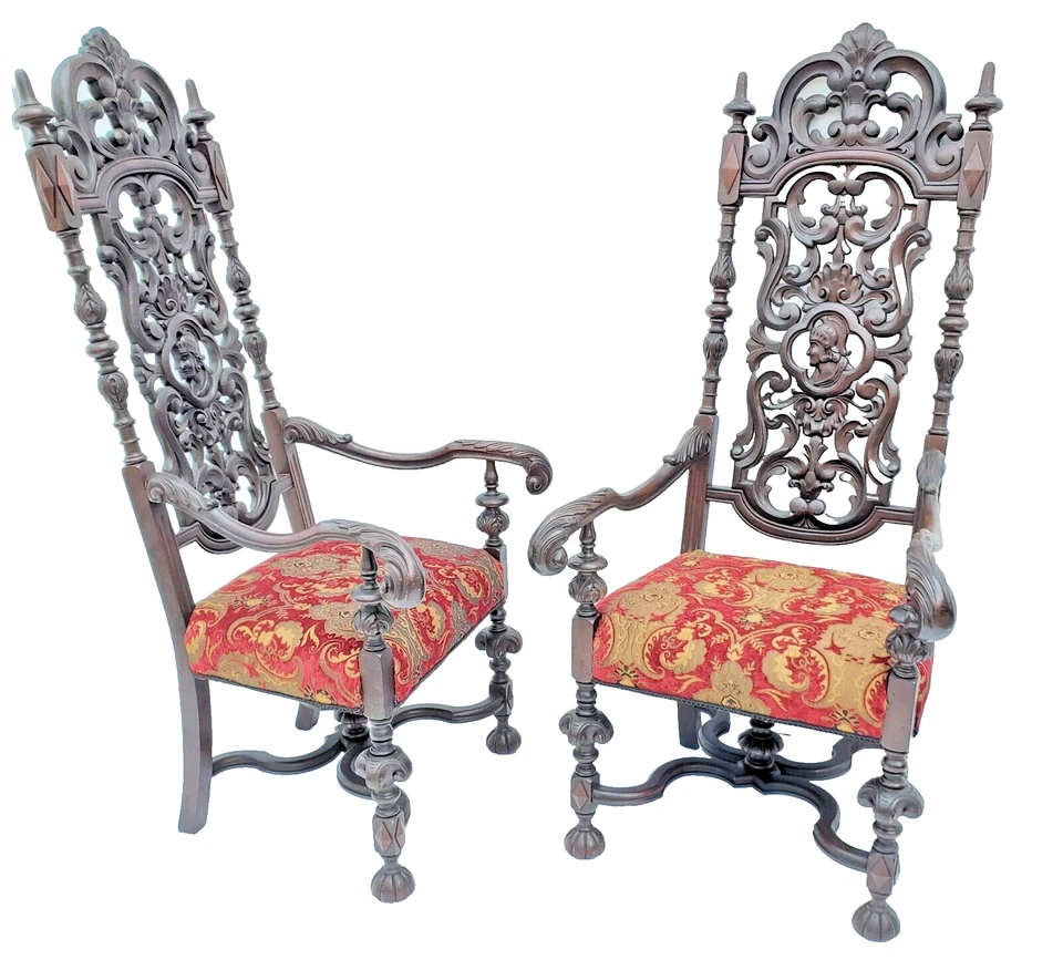 Par de sillones con respaldo alto trono tallado estilo renacentista español años 20 Foto 2 de 4