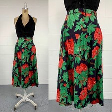 Vintage 70s Red Green Asian Floral A-Line Midi Skirt Bohemian Hippie Small 4
