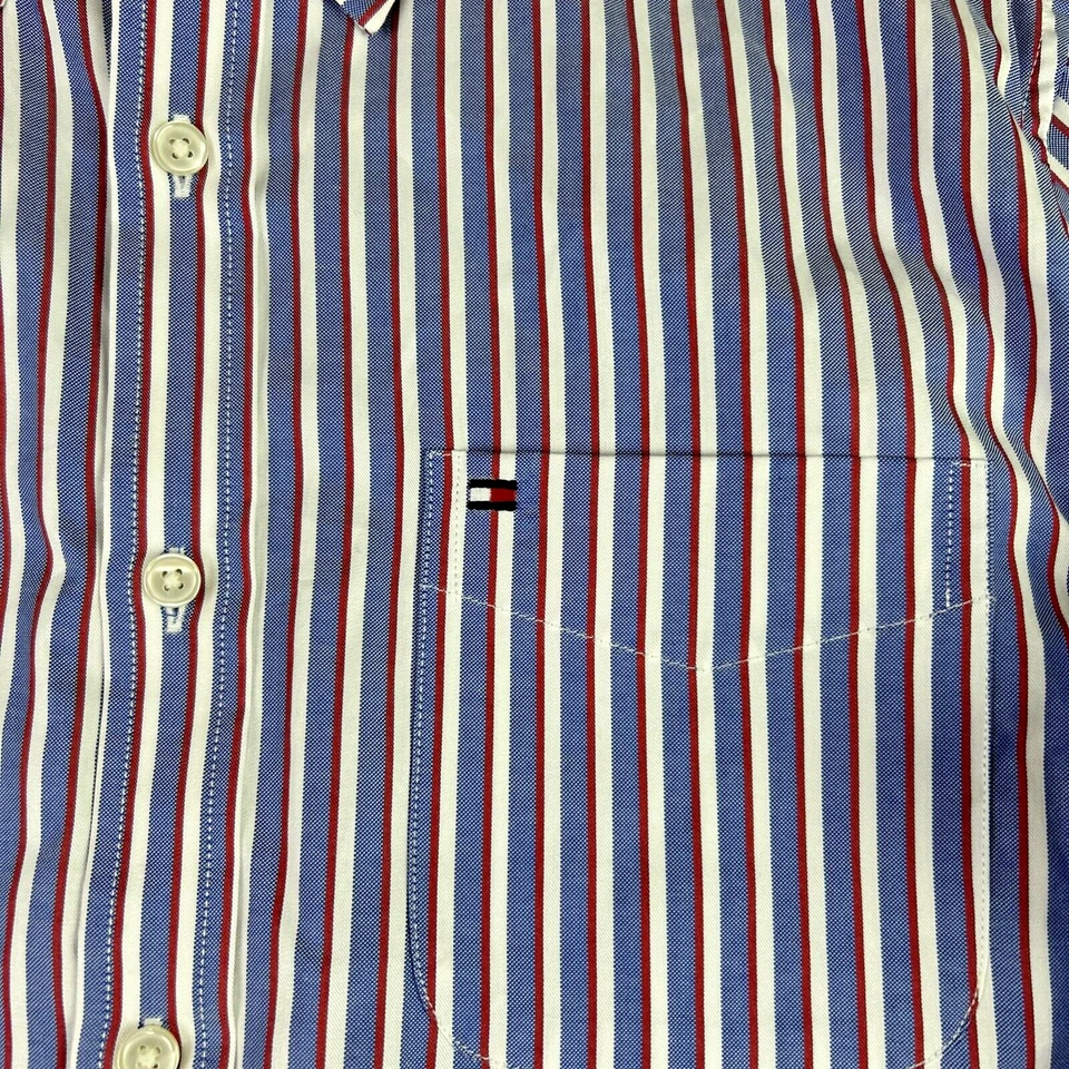 Camisa Tommy Hilfiger Para Hombres M Abotonada Roja Azul Blanca Rayas Años 100 2 Capas Algodón Foto 2 de 4