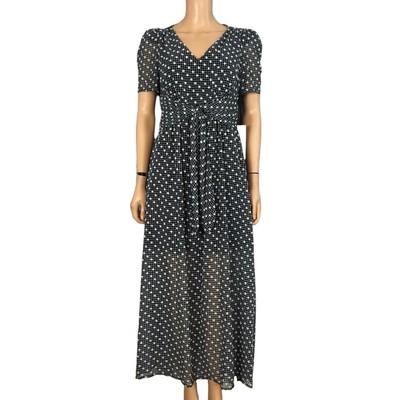 Calvin Klein Swiss Dot Maxi Dress Sz 2 Tied Waist Grid Print Short Sleeve Preppy