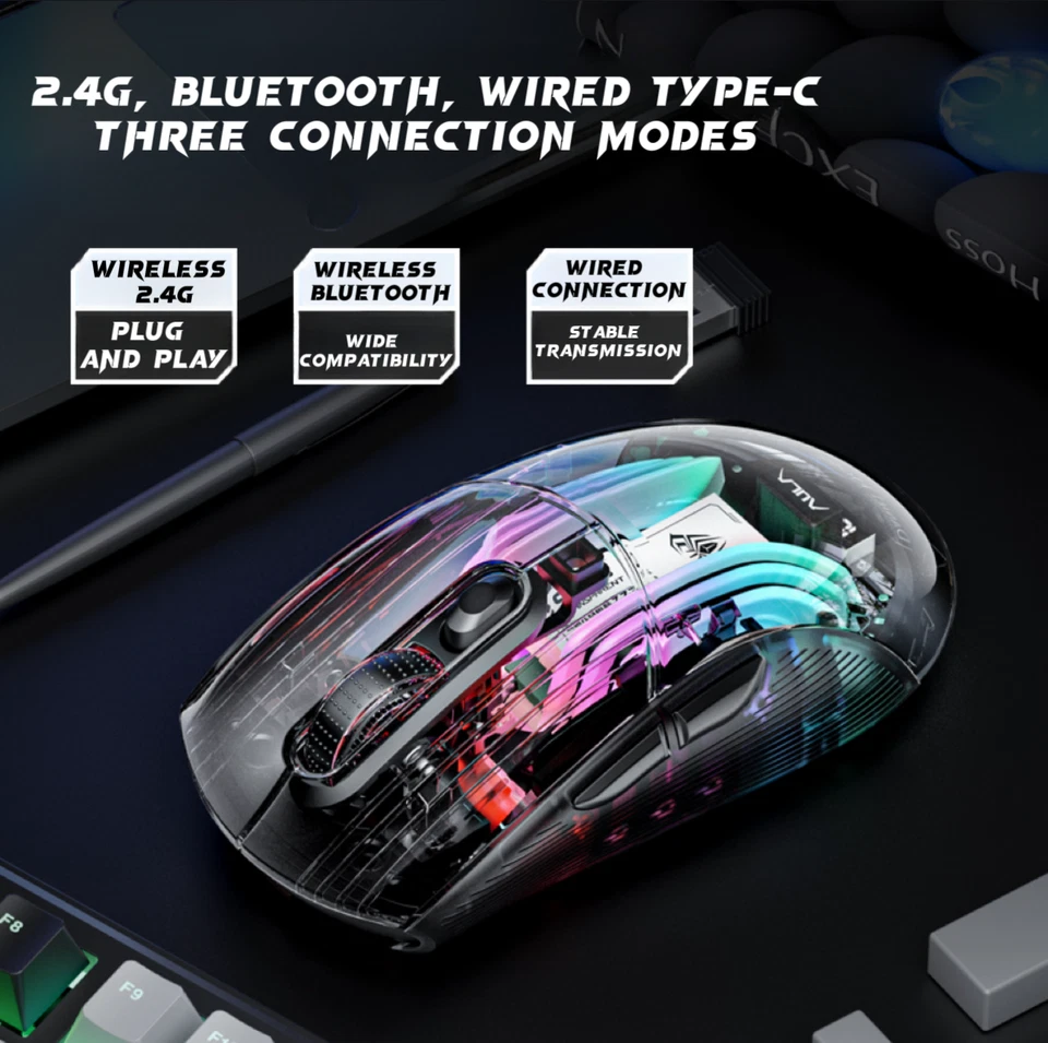 AULA SC630 Transparent Gaming Mouse - Tri-Mode Connectivity with Cool Backlight - Image 2 of 4