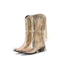 Fringe Mid Calf Boots Sequin Block Heel Pointy Toe Casual Womens Fashion Shoes