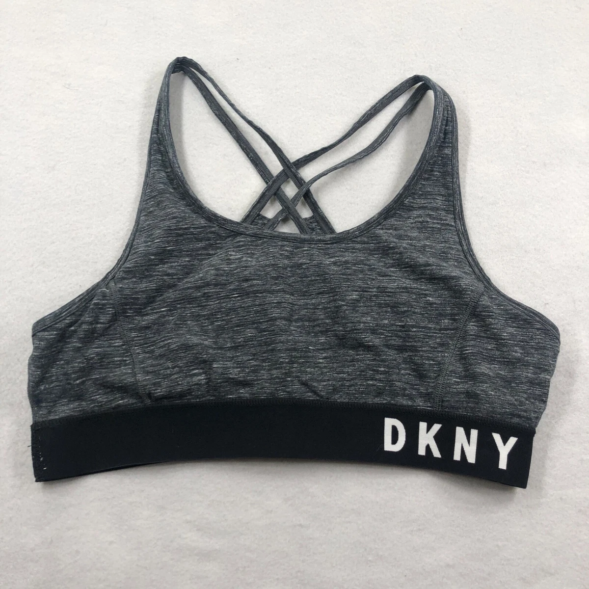 DKNY Womens Sports Bra XXS Gray Strappy Cross Back Keyhole Racerback Low  Impact