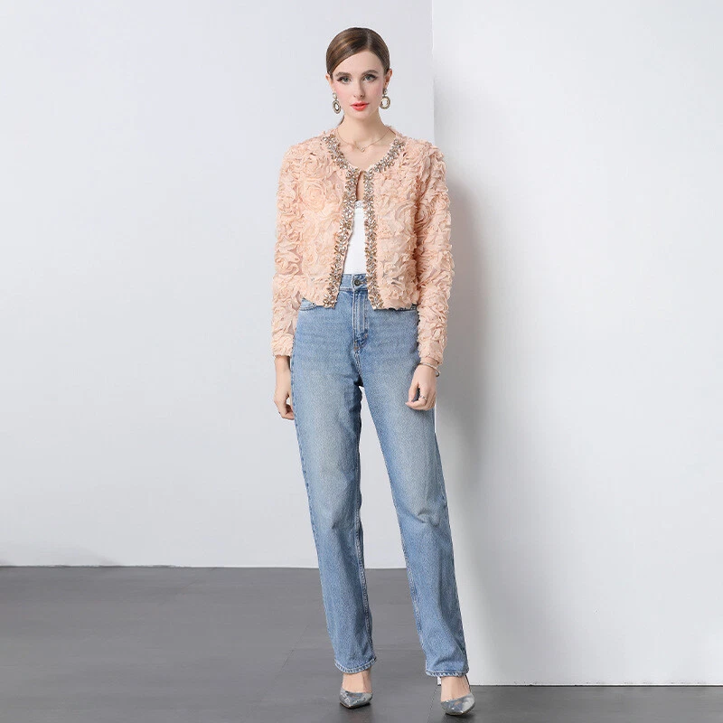 Chaqueta corta con cuentas de flores para mujer Moda Jacquard Encaje Top Cuello redondo Abrigos cortos Foto 4 de 4