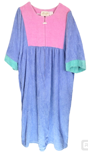 Vtg Maxi Kaftan Chenille Dress Blue Pastel Terry Cloth Color Block Plus Sz XL