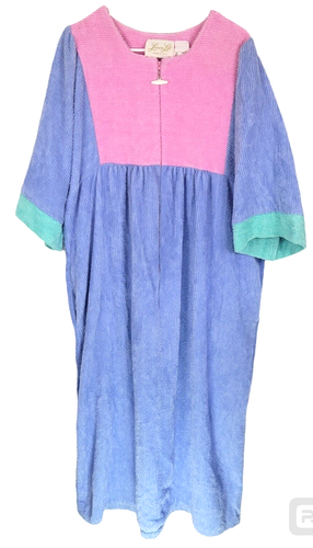 Vtg Maxi Kaftan Chenille Dress Blue Pastel Terry Cloth Color Block Plus Sz XL - Picture 1 of 17