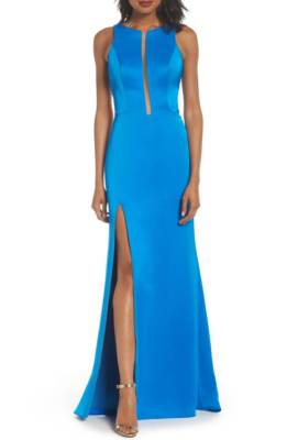 LA FEMME 26235 Ocean Blue Cage Open Back Cutout Hi-Slit Satin Maxi Gown Dress 8