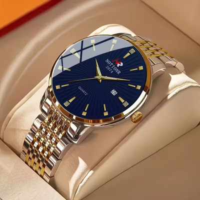 Golden Blue Men Watch Stainless Steel Strap Roman Rhinestones Quartz Watch Gift