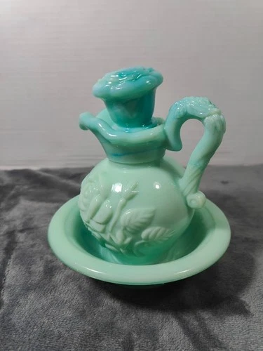 Vtg 1970s Avon Skin So Soft Pitcher & Bowl Jadeite Colored Milk Glass