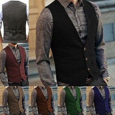 Casual Mens Suit Vest Tweed Herringbone Waistcoat Wedding Wool Groomsman Vintage