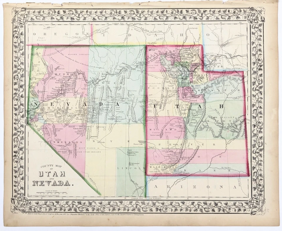 Mapa 1869 NEVADA - TERRITORIO UTAH ORIGINAL (14X11,5) Condados Municipios MITCHELL  Foto 2 de 4