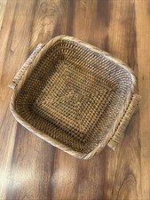 VTG Dark Brown Square Rattan Woven Basket With Handles 9.5 X 9.5  Heavy Tight