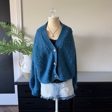 Zara Blue Teal Fluffy Cardigan Button-Up Cozy Knit  Size Medium