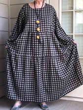 LAGENLOOK ARTSY BOHO BUBBLE TIERED PLAID VISCOSE DRESS WITH NECKLACE