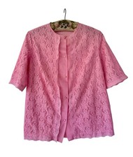 Vtg 60s Vanity Fair Pink Floral Lace PJ Top Bed Jacket 34 Lingerie Sheer Femme