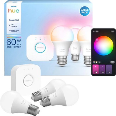 Philips Hue Essential Kit: Hue Bridge + 3 Essential E27 smarte Lampen Weiß