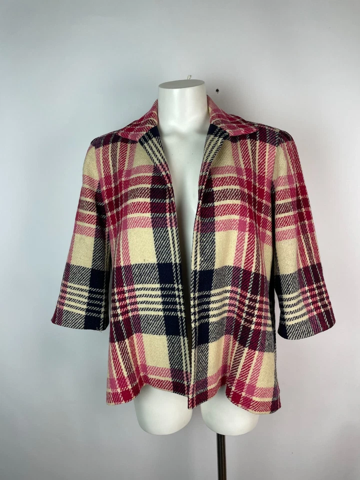 Chaqueta de mujer vintage años 50 a cuadros negra roja frente abierto aberturas laterales M/L 38" busto Foto 3 de 4