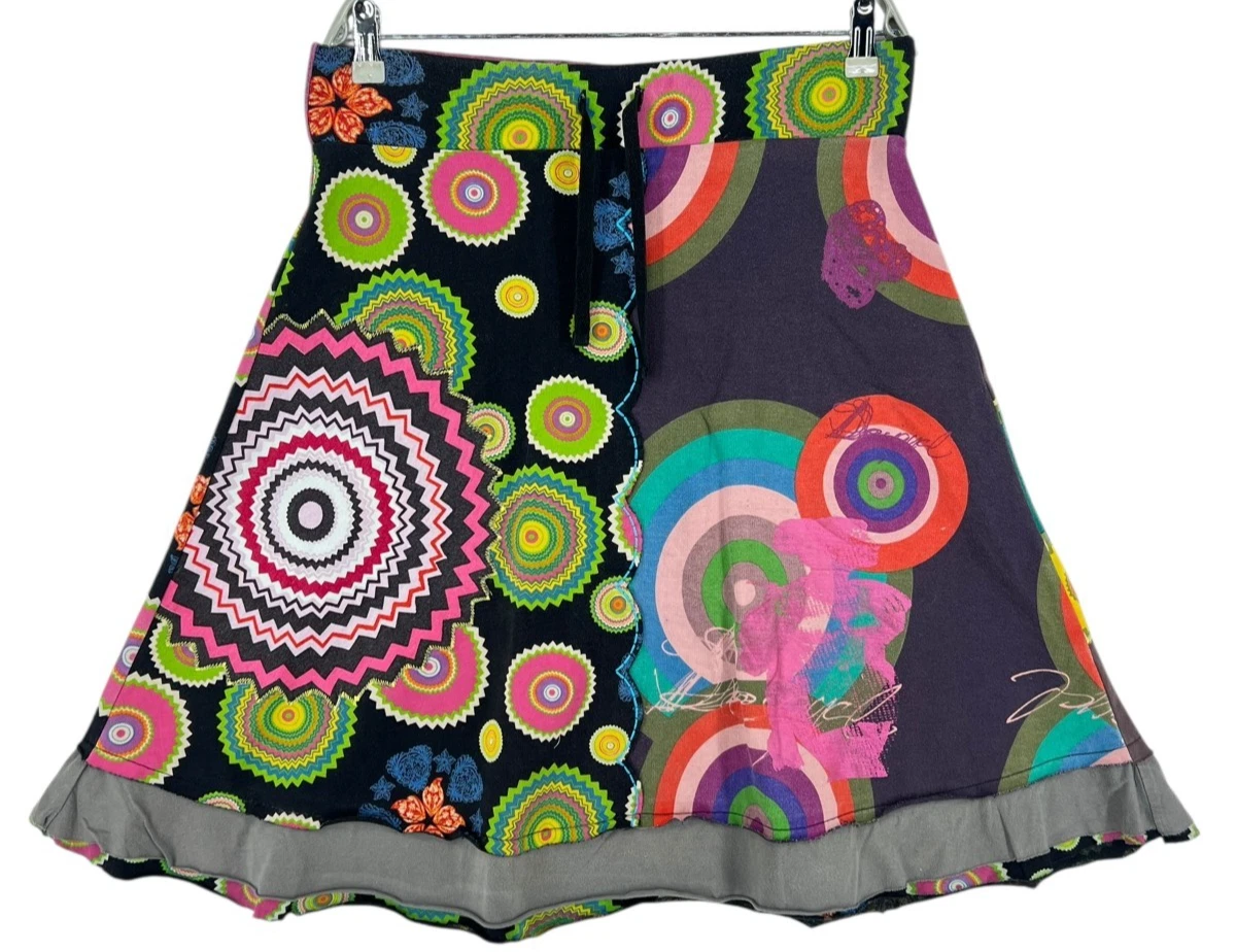 Jupe Femme Desigual Neuve Avec Étiquette - Taille L (40) - Bleu Marine Brodée - Style Évasé Pour Soirée