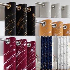 Blackout Curtains Eyelet Gold Black Silver Foil Marble Effect Thermal Curtain