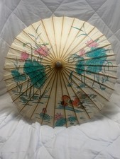 Vintage Asian Japan Bamboo Wood Rice Paper Umbrella Parasol ducks lillys