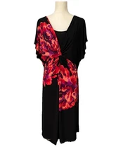 Jones Wear Midi Dress Sz 16 Black W/Red Floral Accents Built In Bra Art To Wear