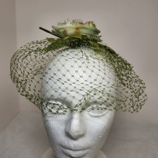 Vintage Olive Green Net Veil Hat Bow Ribbon Hair Fascinator USA Union 50s-60s