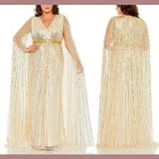 NEW Mac Duggal [ 14W ] 5803 Cape Sleeves Sequined V Neck Gown Nude Gold S940