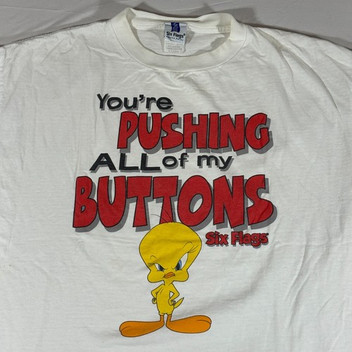 Vintage Tweety Bird Six Flags Park Tee Shirt Size XL You're Pushing my Buttons!