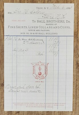 #ad 1895 Billhead New York Troy Ball Brothers Fine Shirts Line Collars $10.00