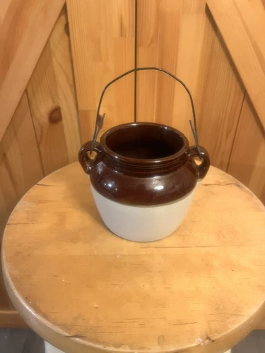 Vintage Bean Pot Ceramic Stoneware Crock Brown Cream Double Loop Handle